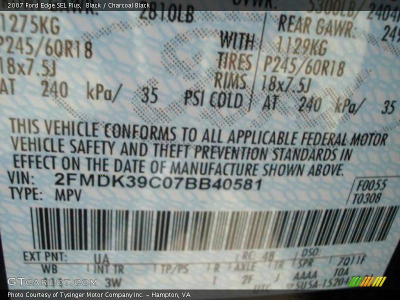 Black / Charcoal Black 2007 Ford Edge SEL Plus