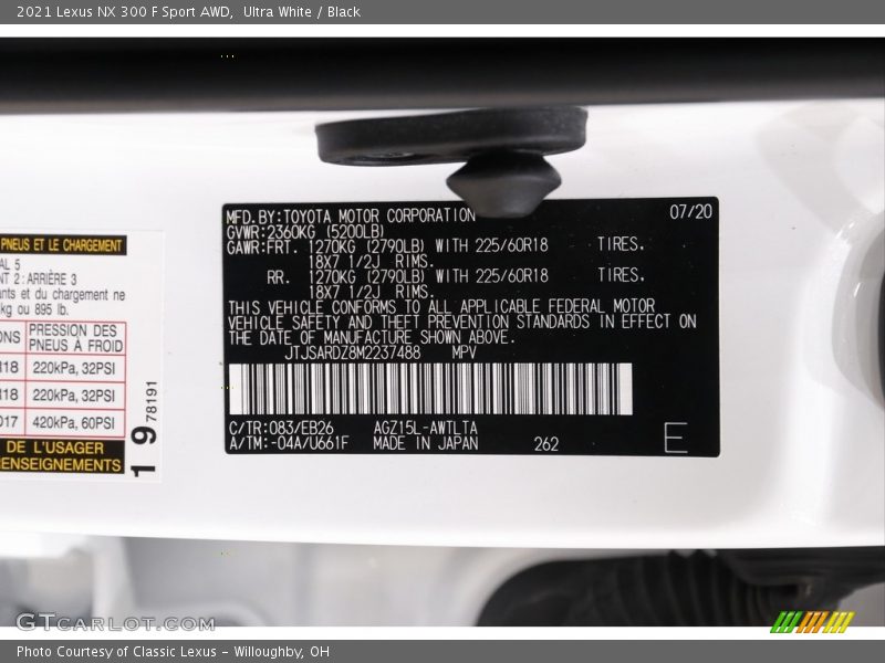 2021 NX 300 F Sport AWD Ultra White Color Code 083