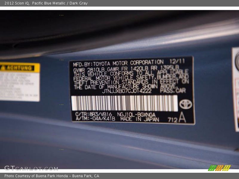 Pacific Blue Metallic / Dark Gray 2012 Scion iQ