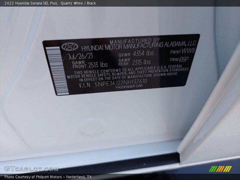 2022 Sonata SEL Plus Quartz White Color Code WW8