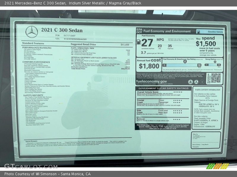  2021 C 300 Sedan Window Sticker