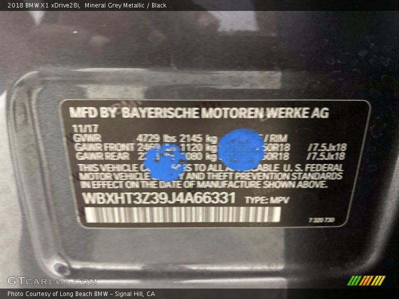 Mineral Grey Metallic / Black 2018 BMW X1 xDrive28i