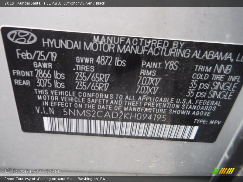Symphony Silver / Black 2019 Hyundai Santa Fe SE AWD