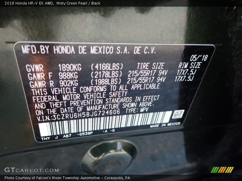 Misty Green Pearl / Black 2018 Honda HR-V EX AWD