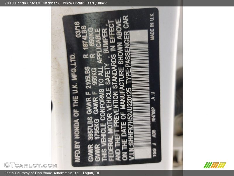 White Orchid Pearl / Black 2018 Honda Civic EX Hatchback