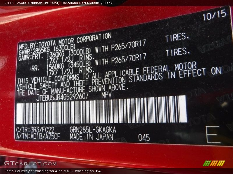 Barcelona Red Metallic / Black 2016 Toyota 4Runner Trail 4x4