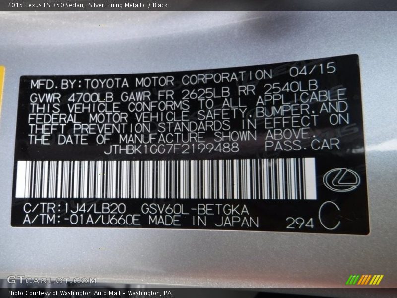 2015 ES 350 Sedan Silver Lining Metallic Color Code 1J4