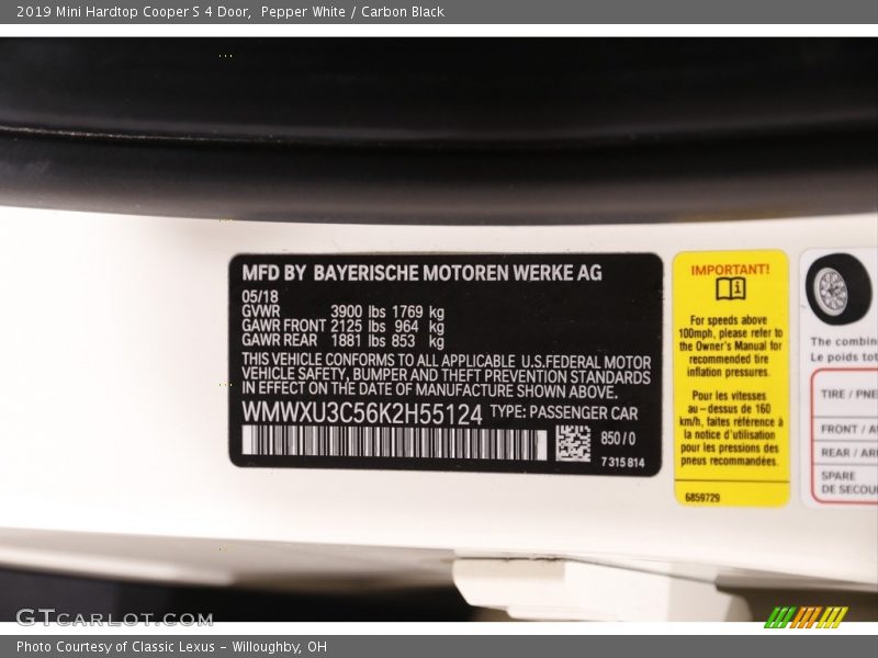 Pepper White / Carbon Black 2019 Mini Hardtop Cooper S 4 Door