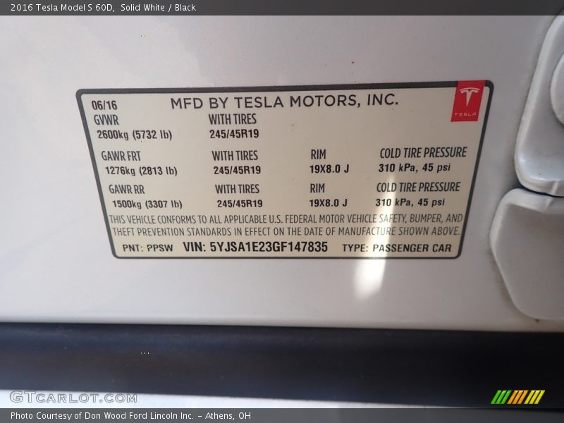 Info Tag of 2016 Model S 60D