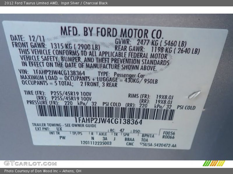 2012 Taurus Limited AWD Ingot Silver Color Code UX