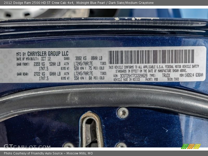 Midnight Blue Pearl / Dark Slate/Medium Graystone 2012 Dodge Ram 2500 HD ST Crew Cab 4x4