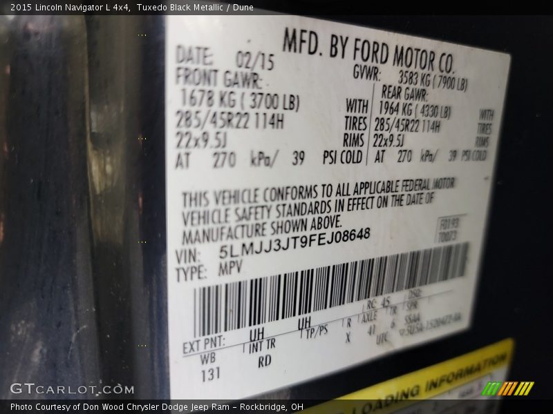 2015 Navigator L 4x4 Tuxedo Black Metallic Color Code UH