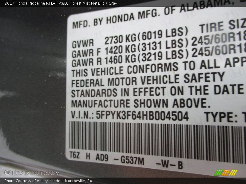 Forest Mist Metallic / Gray 2017 Honda Ridgeline RTL-T AWD