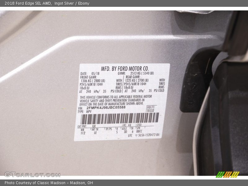 Ingot Silver / Ebony 2018 Ford Edge SEL AWD
