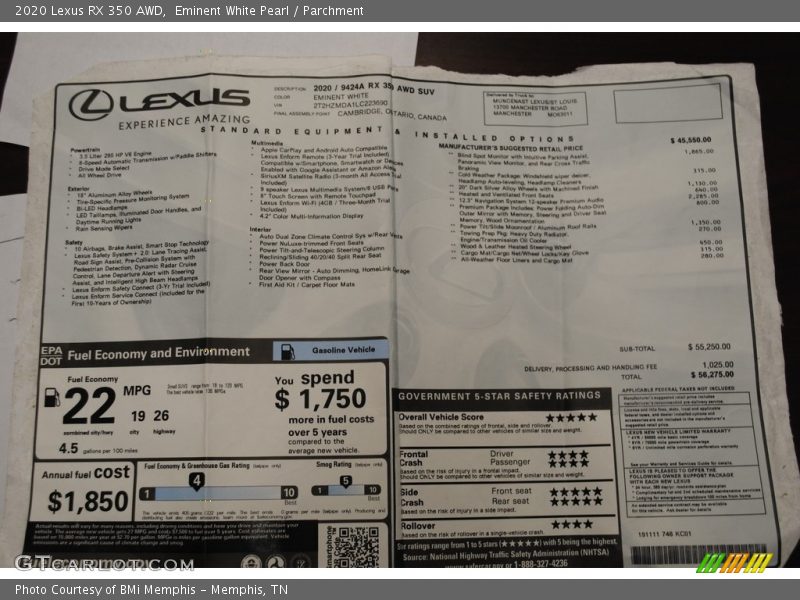  2020 RX 350 AWD Window Sticker