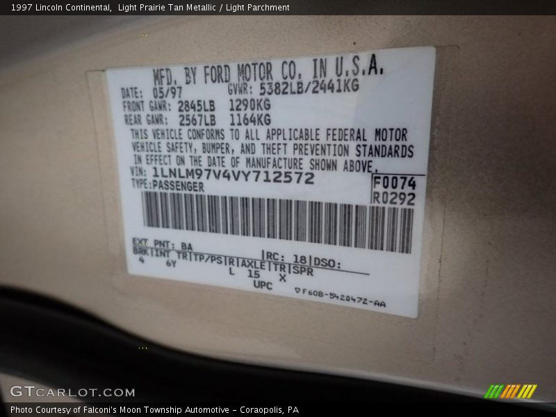 1997 Continental  Light Prairie Tan Metallic Color Code BA