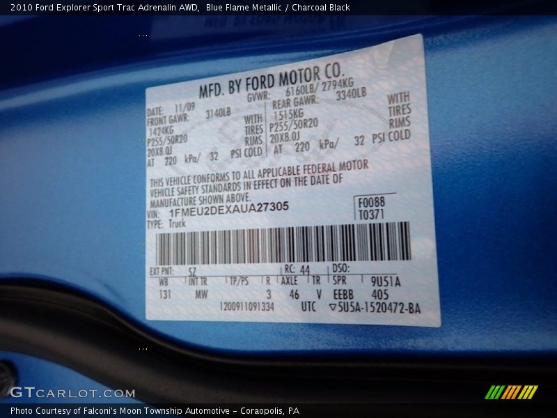 2010 Explorer Sport Trac Adrenalin AWD Blue Flame Metallic Color Code SZ