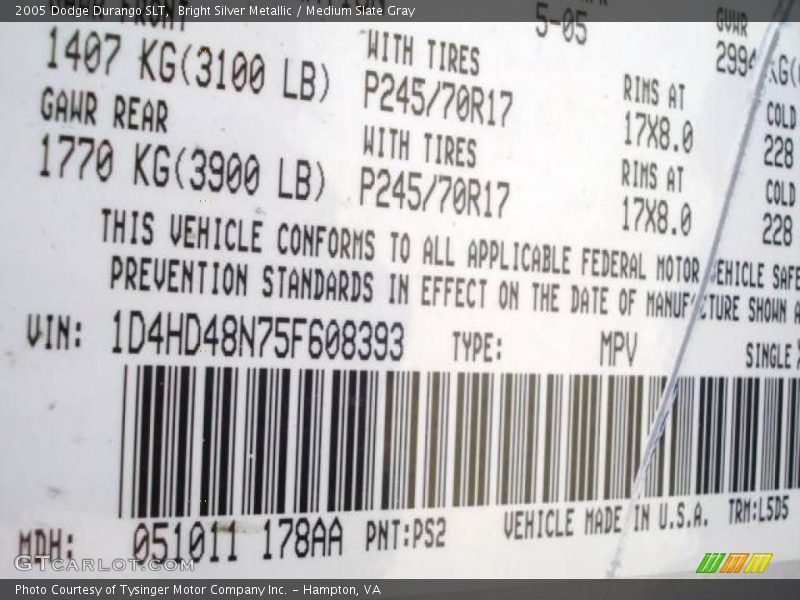 Bright Silver Metallic / Medium Slate Gray 2005 Dodge Durango SLT