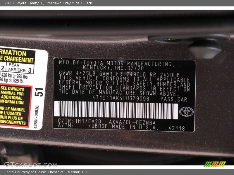 Predawn Gray Mica / Black 2020 Toyota Camry LE