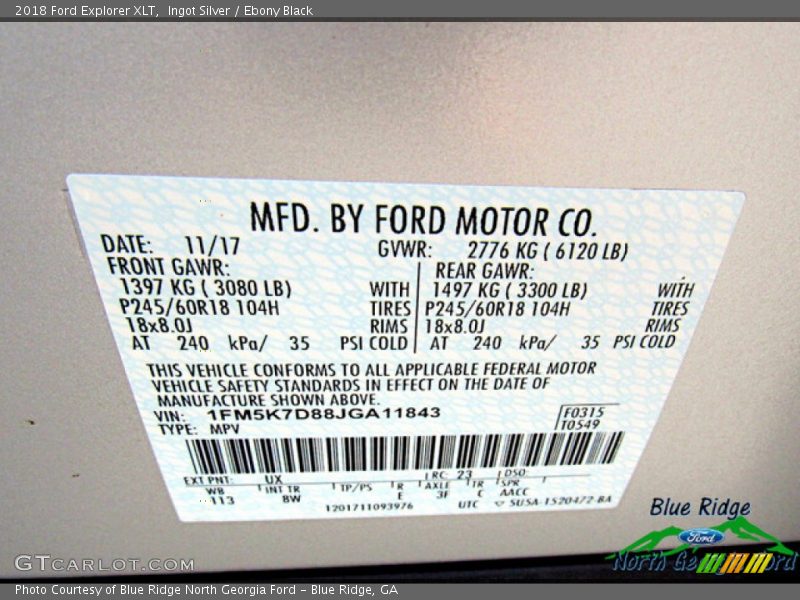 Ingot Silver / Ebony Black 2018 Ford Explorer XLT