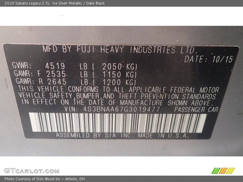 Ice Silver Metallic / Slate Black 2016 Subaru Legacy 2.5i