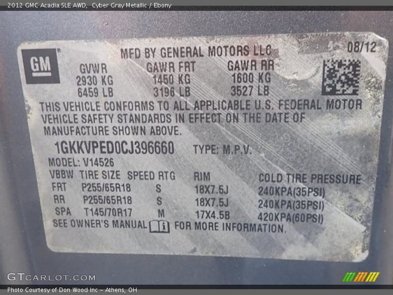Cyber Gray Metallic / Ebony 2012 GMC Acadia SLE AWD