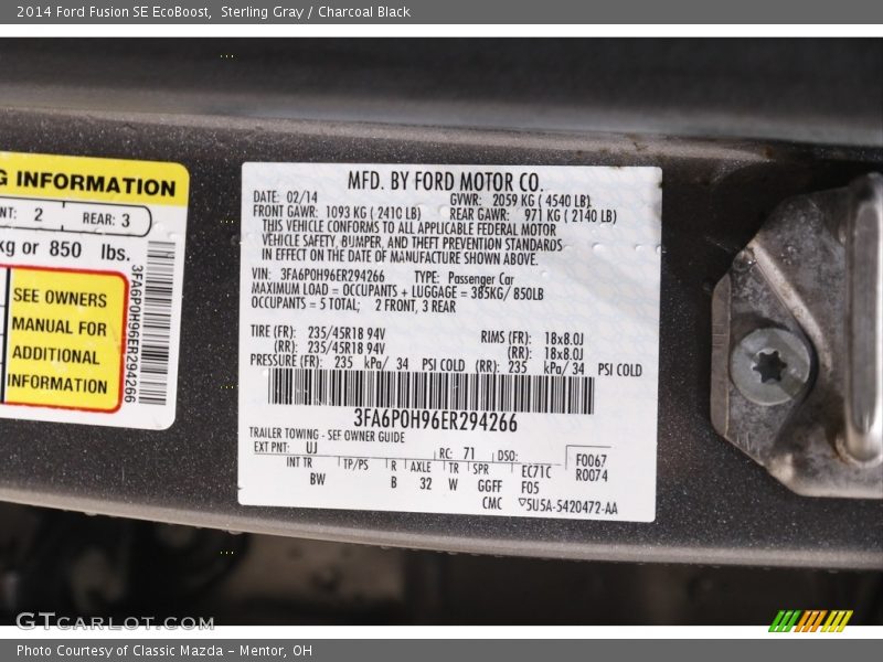 Sterling Gray / Charcoal Black 2014 Ford Fusion SE EcoBoost