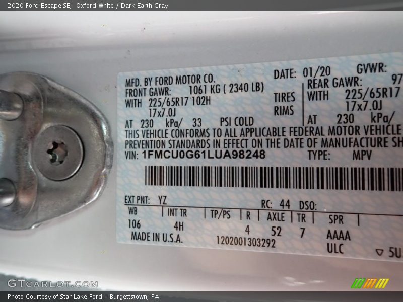 Oxford White / Dark Earth Gray 2020 Ford Escape SE