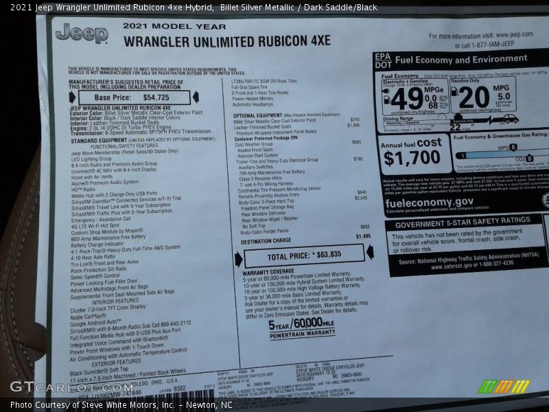  2021 Wrangler Unlimited Rubicon 4xe Hybrid Window Sticker