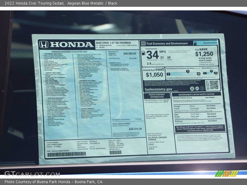  2022 Civic Touring Sedan Window Sticker