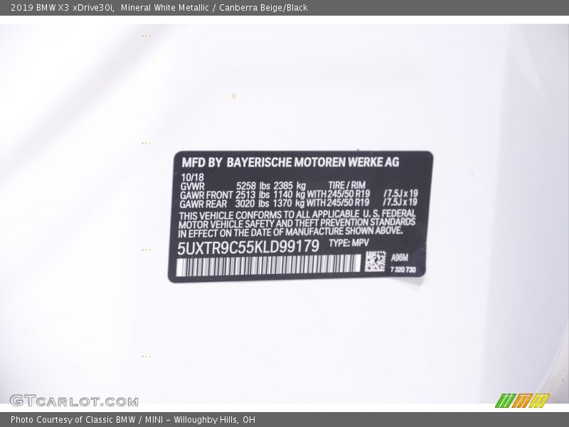 Mineral White Metallic / Canberra Beige/Black 2019 BMW X3 xDrive30i