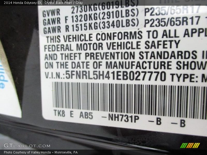 Crystal Black Pearl / Gray 2014 Honda Odyssey EX