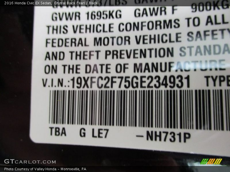 Crystal Black Pearl / Black 2016 Honda Civic EX Sedan