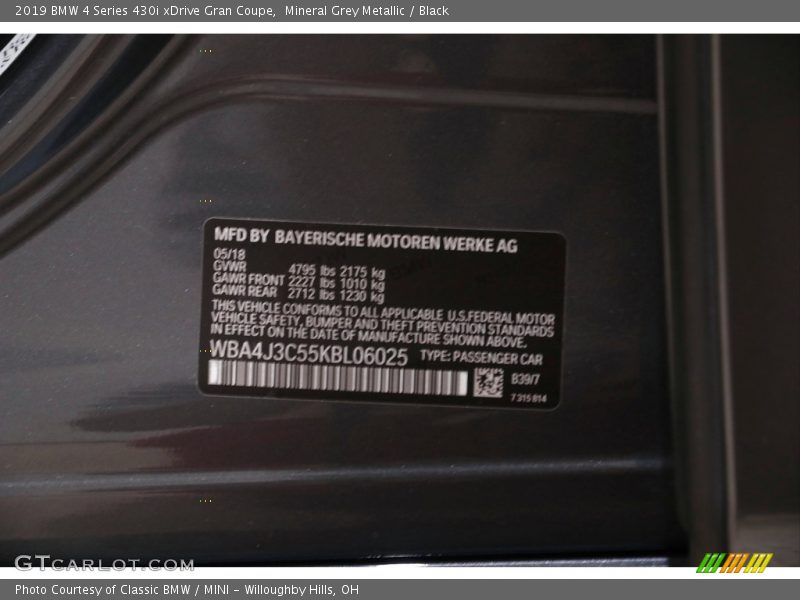 Mineral Grey Metallic / Black 2019 BMW 4 Series 430i xDrive Gran Coupe