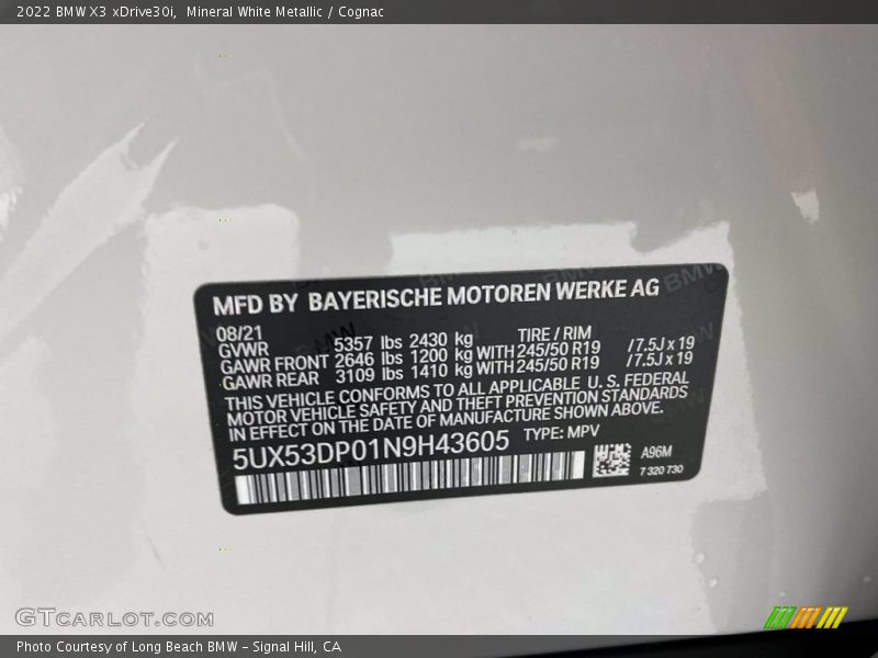 2022 X3 xDrive30i Mineral White Metallic Color Code A96