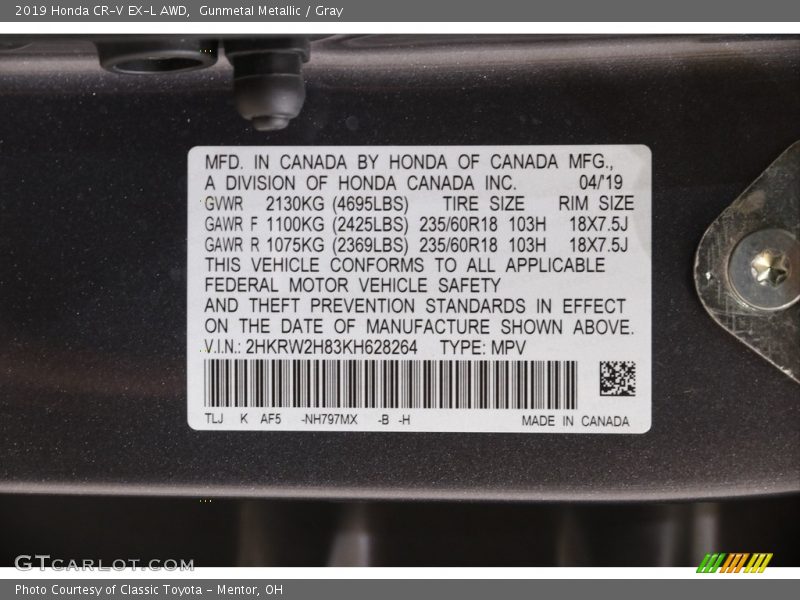 Gunmetal Metallic / Gray 2019 Honda CR-V EX-L AWD
