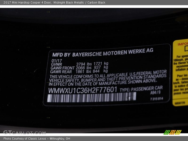 Midnight Black Metallic / Carbon Black 2017 Mini Hardtop Cooper 4 Door
