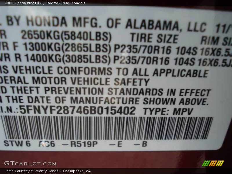 Redrock Pearl / Saddle 2006 Honda Pilot EX-L