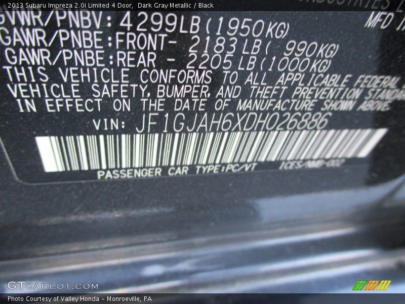 Dark Gray Metallic / Black 2013 Subaru Impreza 2.0i Limited 4 Door