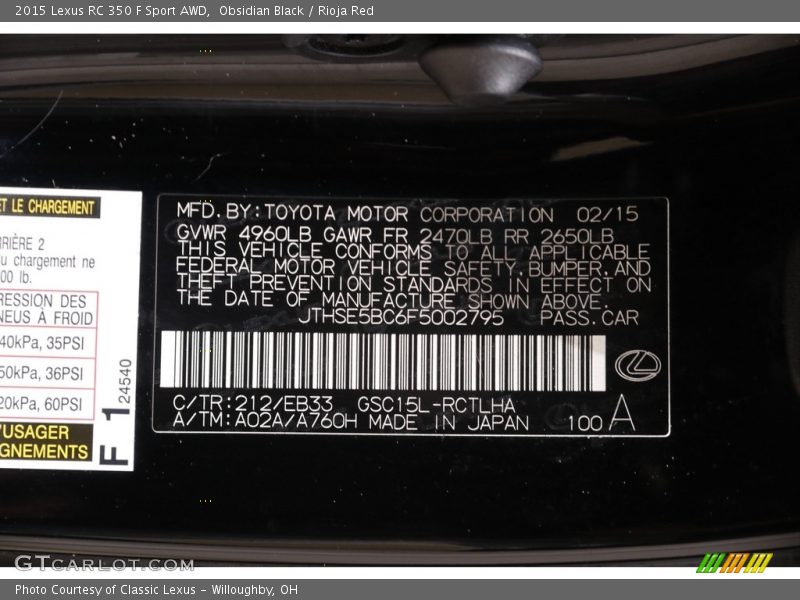 2015 RC 350 F Sport AWD Obsidian Black Color Code 212