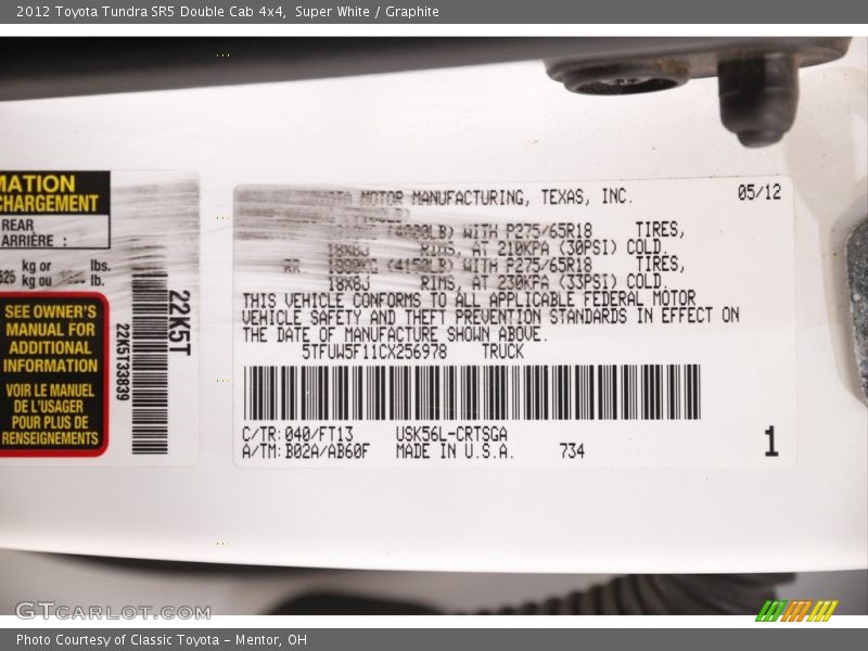 Super White / Graphite 2012 Toyota Tundra SR5 Double Cab 4x4