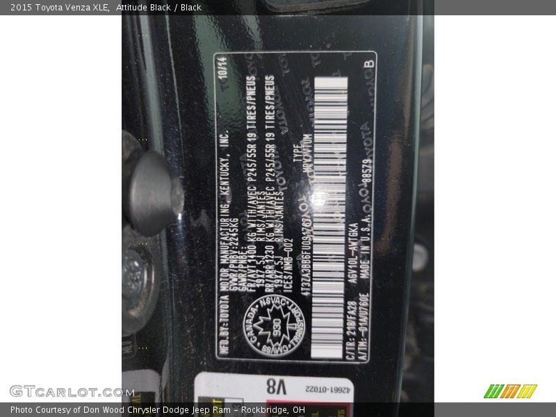 2015 Venza XLE Attitude Black Color Code 218