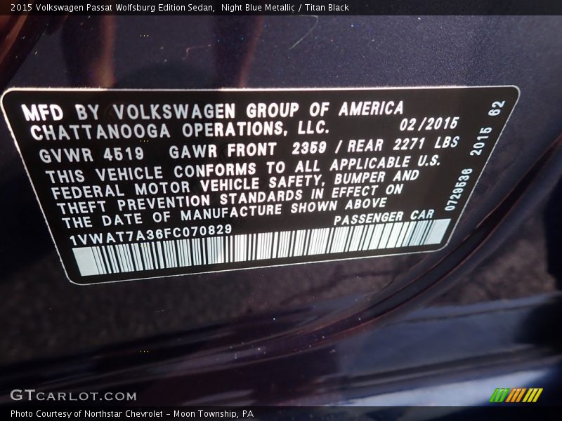 Night Blue Metallic / Titan Black 2015 Volkswagen Passat Wolfsburg Edition Sedan