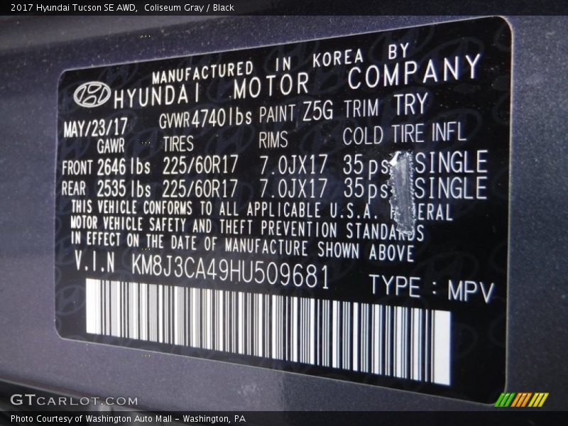 Coliseum Gray / Black 2017 Hyundai Tucson SE AWD