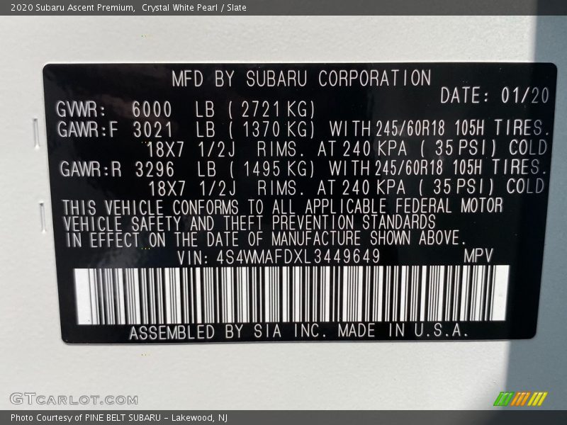 Crystal White Pearl / Slate 2020 Subaru Ascent Premium