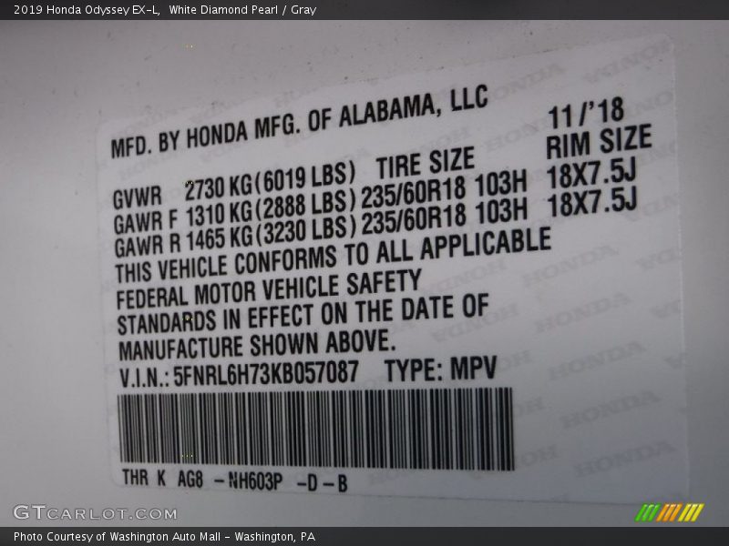 White Diamond Pearl / Gray 2019 Honda Odyssey EX-L