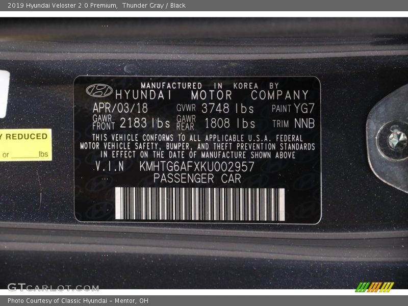 Thunder Gray / Black 2019 Hyundai Veloster 2.0 Premium