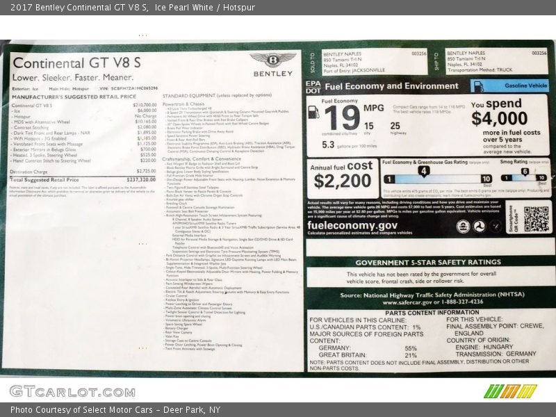  2017 Continental GT V8 S Window Sticker