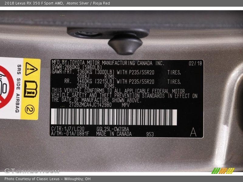 Atomic Silver / Rioja Red 2018 Lexus RX 350 F Sport AWD