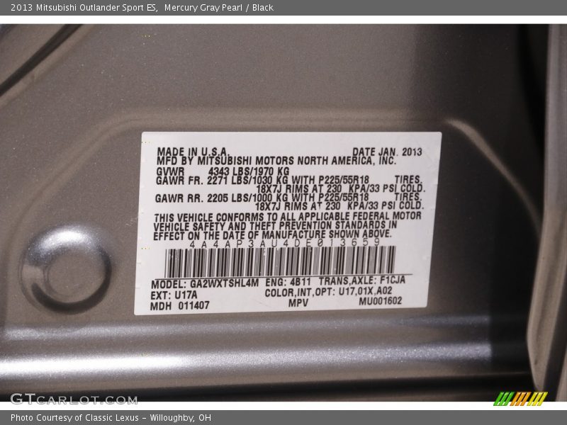2013 Outlander Sport ES Mercury Gray Pearl Color Code U17